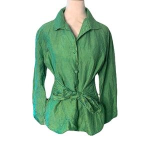 PATTY KIM Womens Large Green & Blue Gingham Checkered 100% Silk Tie Front Blouse